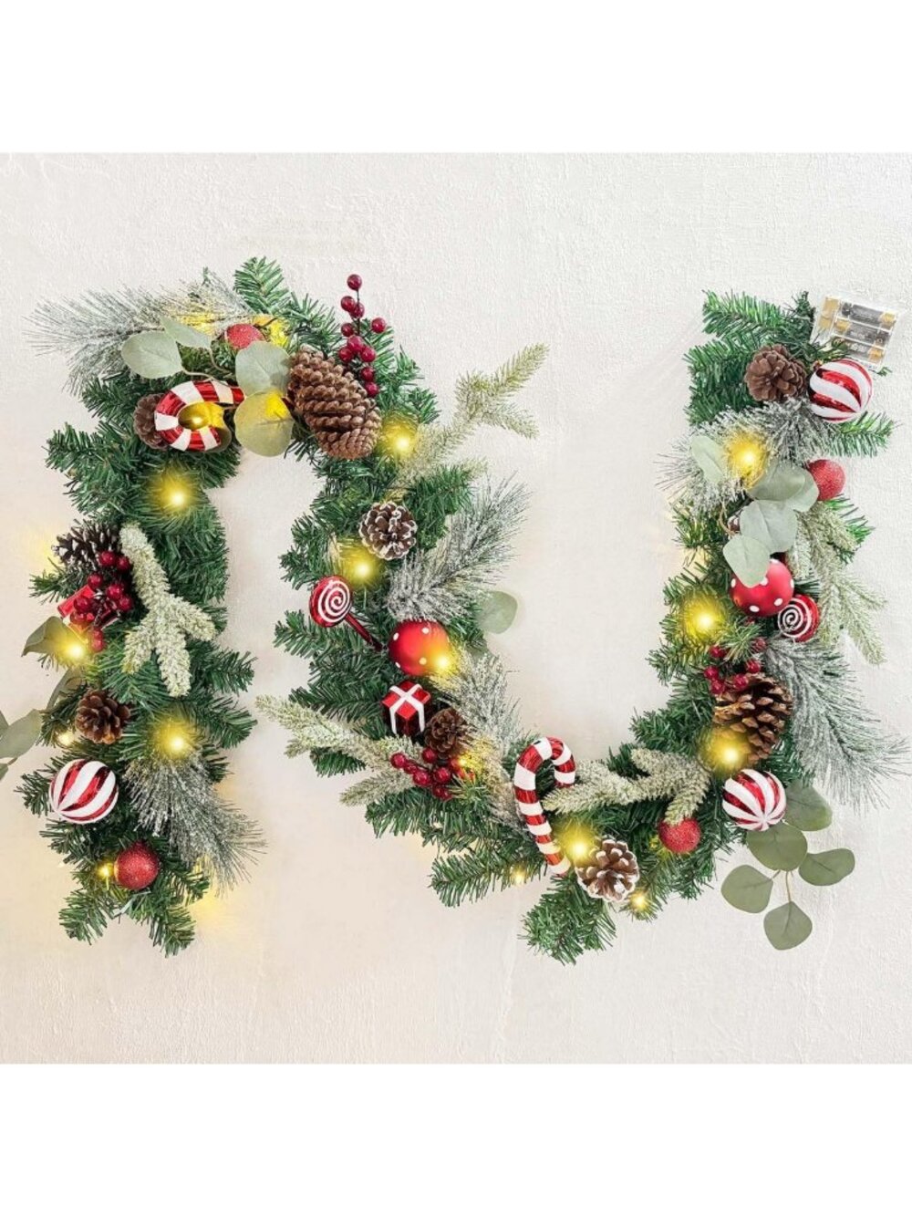 6ft Pre-Lit Red & White Christmas Garland with 30 LED Lights - Holiday Decor